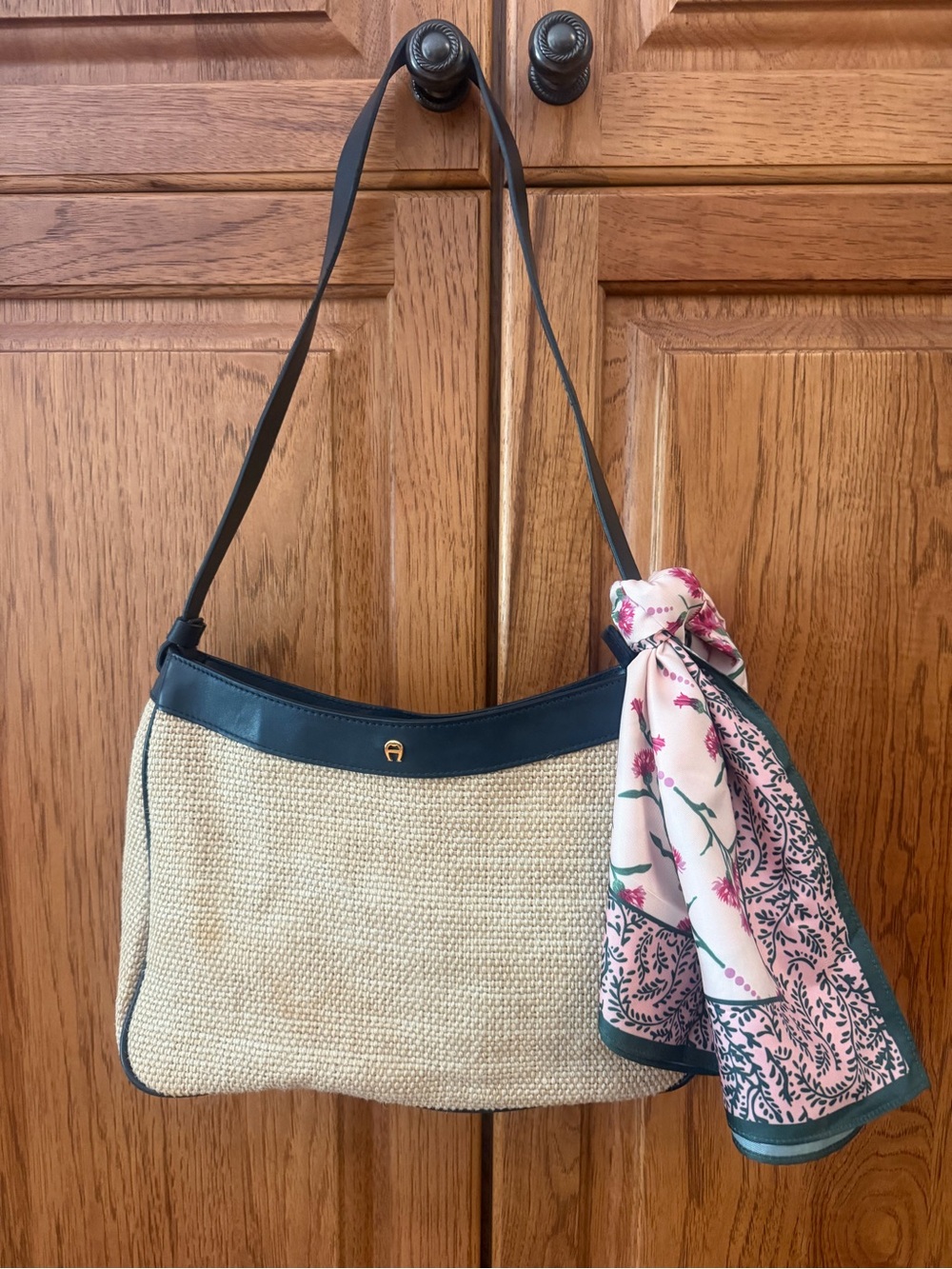 Vintage Etienne Aigner Woven Straw Shoulder Bag with Black Trim